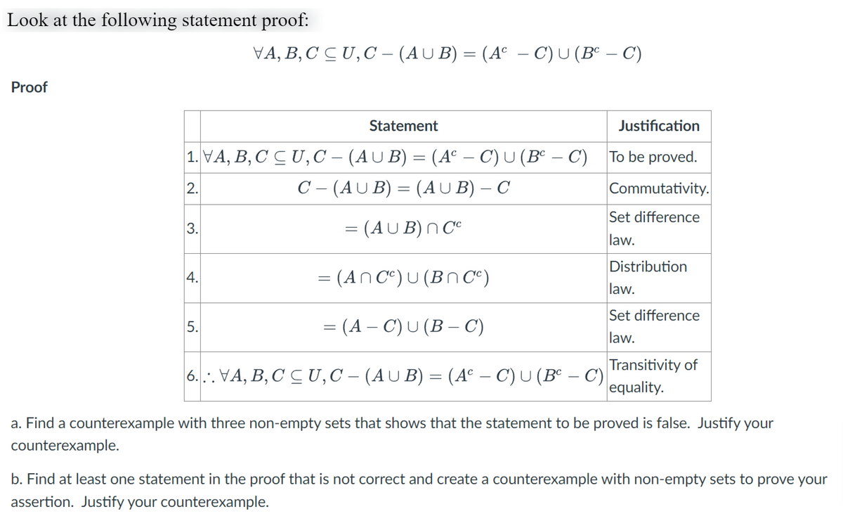 Look at the following statement proof:
Proof
Statement
1. \A, B, C ≤U, C – (AỤ B) = (Aº − C) U (Bº − C)
2.
C
(AUB) = (AUB) – C
= (AUB) NCC
3.
\A,B,C ≤U,C – (AỤ B) = (Aº − C) U (Bº − C)
4.
= (ANC) U (BNC)
= (A − C) U (B − C)
6...VA, B, C CU, C – (AUB) = (Aº − C) U (Bº − C)
5.
Justification
To be proved.
Commutativity.
Set difference
law.
Distribution
law.
Set difference
law.
Transitivity of
equality.
a. Find a counterexample with three non-empty sets that shows that the statement to be proved is false. Justify your
counterexample.
b. Find at least one statement in the proof that is not correct and create a counterexample with non-empty sets to prove your
assertion. Justify your counterexample.