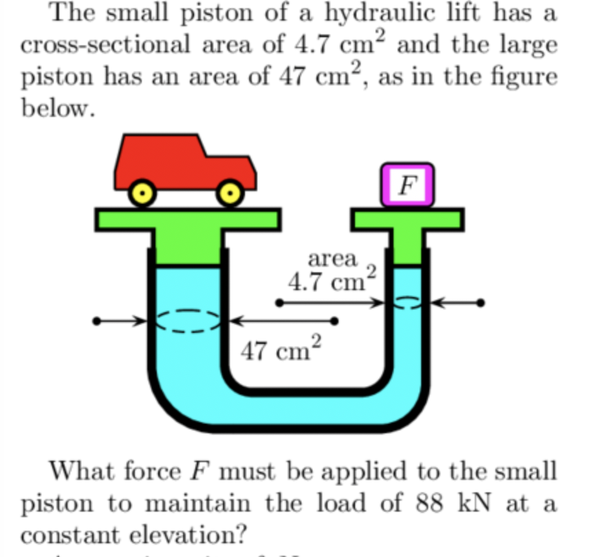 The small piston of a hydraulic lift has a
cross-sectional area of 4.7 cm? and the large
piston has an area of 47 cm², as in the figure
below.
F
area
4.7 cm
47 cm²
What force F must be applied to the small
piston to maintain the load of 88 kN at a
constant elevation?
