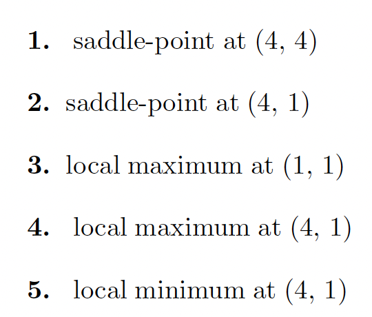 1. saddle-point at (4, 4)
2. saddle-point at (4, 1)
3. local maximum at (1, 1)
4.
local maximum at (4, 1)
5.
local minimum at (4, 1)
