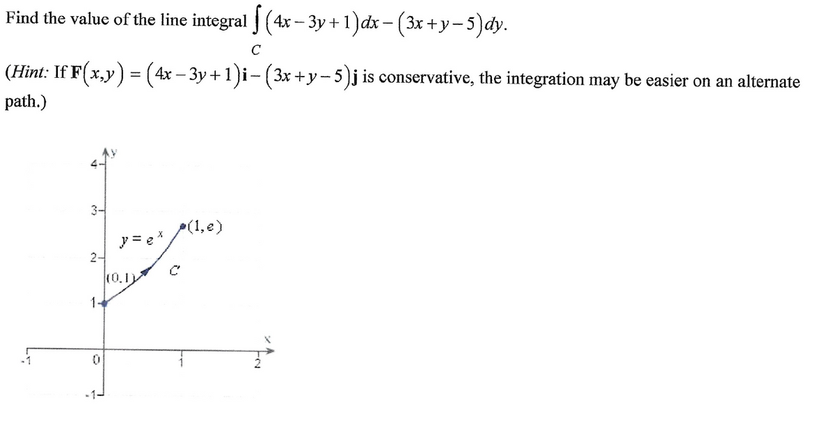 Find the value of the line integral § (4x − 3y + 1) dx − (3x+y−5)dy.
C
(Hint: If F(x,y) = (4x − 3y + 1)i− (3x + y −5)j is conservative, the integration may be easier on an alternate
path.)
-1
3-
2-
= ex
(0.1)
(1,e)
