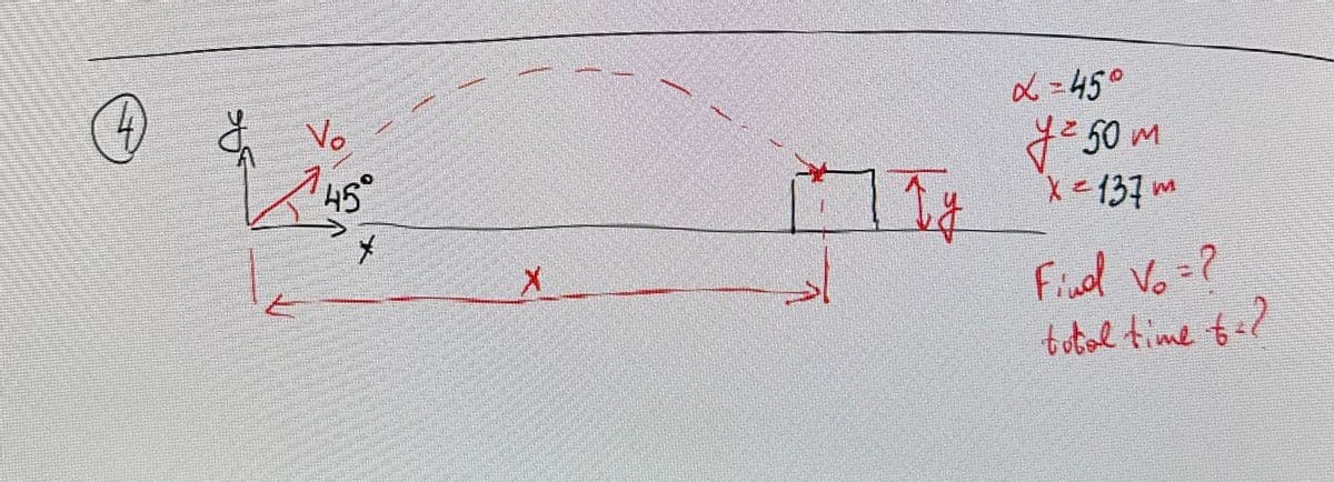 D
& Vo
45°
*
X
I Ty
α = 45°
y ²50m
x = 137 m²
Find Vo = ?
total time to?