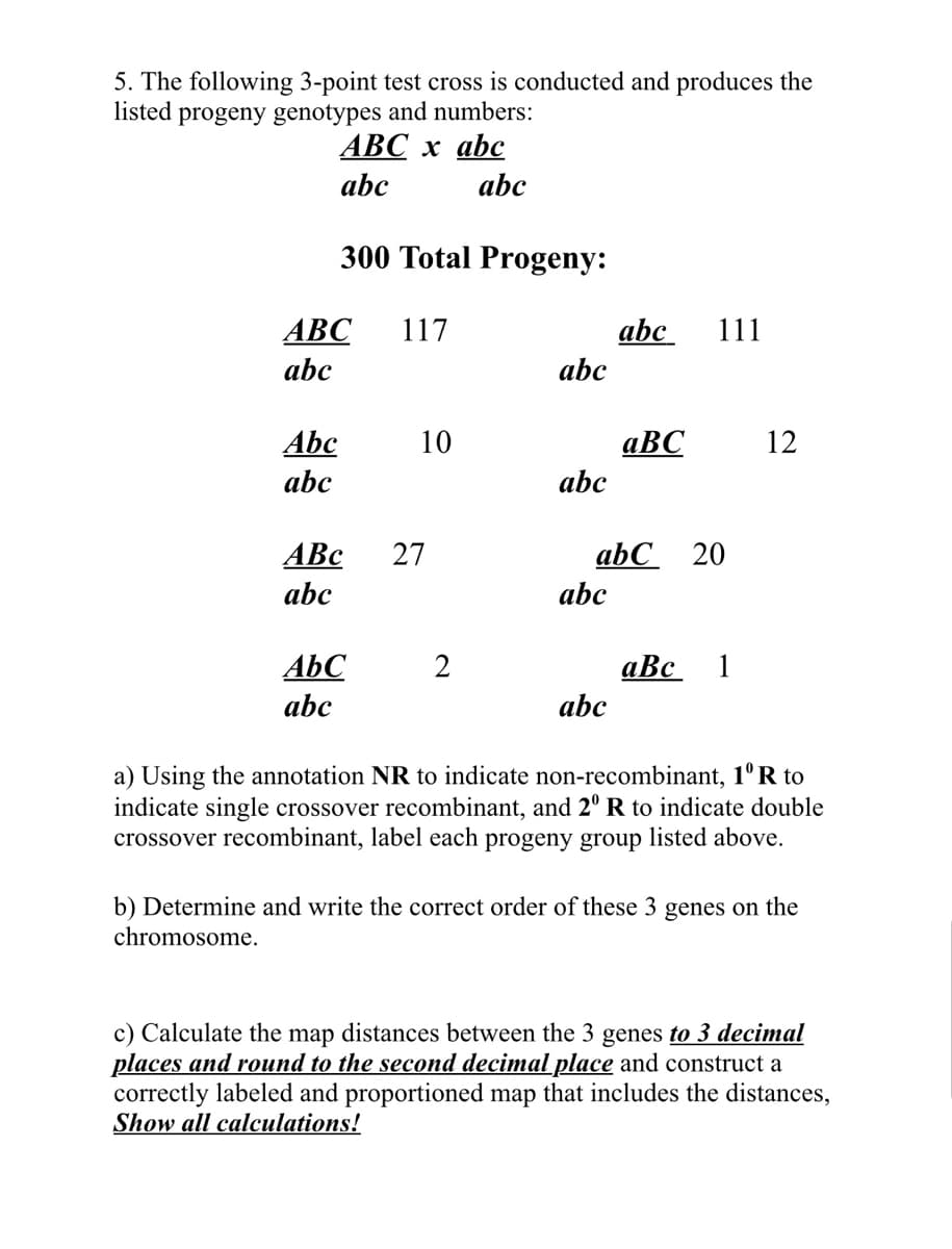 5. The following 3-point test cross is conducted and produces the
listed progeny genotypes and numbers:
АВС х аbc
abc
abc
300 Total Progeny:
АВС
117
abc
111
abc
abc
Abc
10
aBC
12
abc
abc
ABC
27
abC_ 20
abc
abc
AbC
abc
aBc
abc
2
1
a) Using the annotation NR to indicate non-recombinant, 1° R to
indicate single crossover recombinant, and 2° R to indicate double
crossover recombinant, label each progeny group listed above.
b) Determine and write the correct order of these 3 genes on the
chromosome.
c) Calculate the map distances between the 3 genes to 3 decimal
places and round to the second decimal place and construct a
correctly labeled and proportioned map that includes the distances,
Show all calculations!
