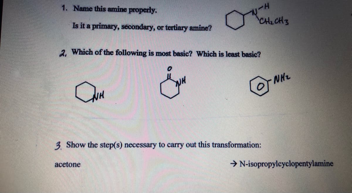 1. Name this amine properly.
Is it a primary, secondary, or tertiary amine?
CH2CH3
2 Which of the following is most basic? Which is least basic?
NH2
3. Show the step(s) necessary to carry out this transformation:
acetone
> N-isopropylcyclopentylamine

