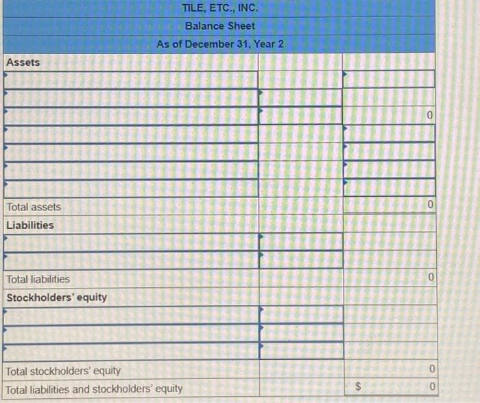 Assets
Total assets
Liabilities
Total liabilities
Stockholders' equity
TILE, ETC., INC.
Balance Sheet
As of December 31, Year 2
Total stockholders' equity
Total liabilities and stockholders' equity
P
MA
$
0
0
0