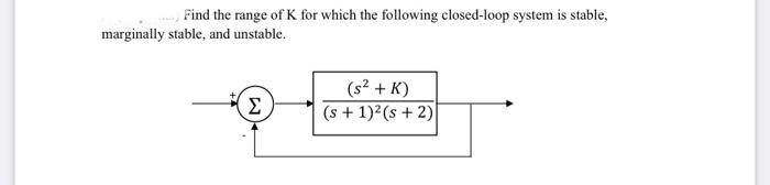 Find the range of K for which the following closed-loop system is stable,
marginally stable, and unstable.
(s2 + K)
Σ
(s + 1)2(s + 2)
