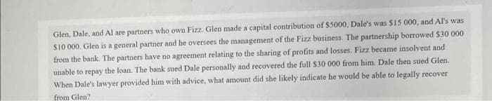 Glen, Dale, and Al are partners who own Fizz. Glen made a capital contribution of $5000, Dale's was S15 000, and Al's was
S10 000. Glen is a general partner and he oversees the management of the Fizz business. The partnership borrowed $30 000
from the bank. The partners have no agreement relating to the sharing of profits and losses. Fizz became insolvent and
unable to repay the loan. The bank sued Dale personally and recovered the full S30 000 from him. Dale then sued Glen.
When Dale's lawyer provided him with advice, what amount did she likely indicate he would be able to legally recover
from Glen?
