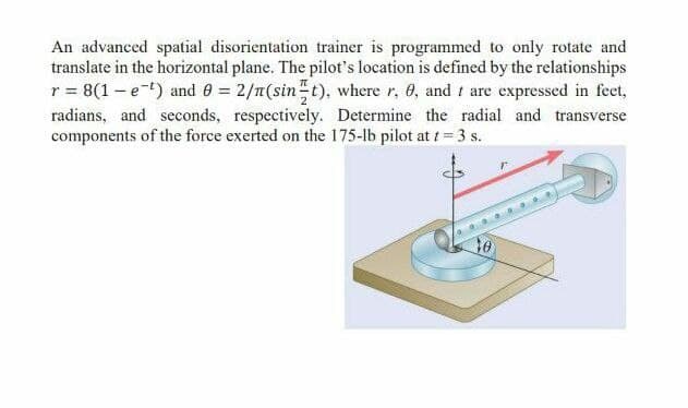 An advanced spatial disorientation trainer is programmed to only rotate and
translate in the horizontal plane. The pilot's location is defined by the relationships
r = 8(1-et) and 0 = 2/n(sin t), where r, 0, and t are expressed in feet,
radians, and seconds, respectively. Determine the radial and transverse
components of the force exerted on the 175-lb pilot at t= 3 s.
