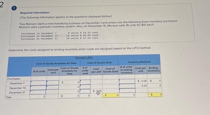 Required information
[The following information applies to the questions displayed below)
Trey Monson starts a merchandising business on December 1 and enters into the following three inventory purchases.
Monson uses a periodic inventory system. Also, on December 15, Monson sells 18 units for $10 each.
Purchases:
Purchases on December 7
Purchases on December 14
Purchases on December 21
Determine the costs assigned to ending inventory when costs are assigned based on the LIFO method.
Total
December 7
December 14
December 21
# of units
Cost of Goods Available for Sale
Cost of Goods
Available for
Sale
Cost per
unit
8 units $4.00 cost
26 units $6.00 cost
18 units $7.00 cost
$
$
Periodic LIFO:
0
0
0
0
Cost of Goods Sold
# of
units
sold
0
Cost
Cost of
per unit Goods Sold
$9.00
4
$
0
Inventory Balance
# of units
in ending
inventory
0
Cost per Ending
unit Inventory
$0.00 $
0.00
$
0
0
0