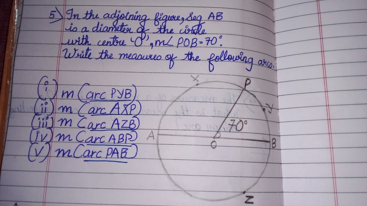 5 In the adjoining figume, Sog AB
is a diametir à
the conte
with centru O,mL POB-70"
Write the measureo
the follousing
m(arc PYB
ihj m(arc AXP)
1)m Carc AZB)
Ivm Carc AB A
V mCarc PAB
it to
70°
