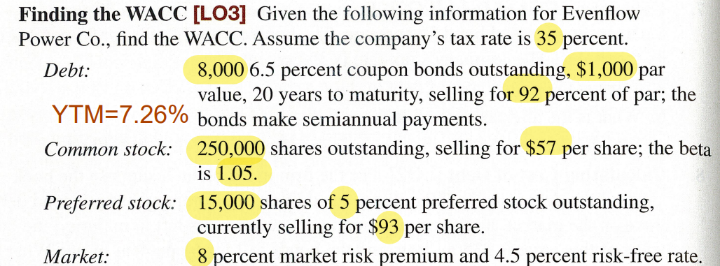 Finding the WACC [LO3] Given the following information for Evenflow
Power Co., find the WACC. Assume the company's tax rate is 35 percent.
Debt:
8,000 6.5 percent coupon bonds outstanding, $1,000 par
value, 20 years to maturity, selling for 92 percent of par; the
bonds make semiannual payments.
YTM=7.26%
Common stock: 250,000 shares outstanding, selling for $57 per share; the beta
is 1.05.
Preferred stock: 15,000 shares of 5 percent preferred stock outstanding,
currently selling for $93 per share.
8 percent market risk premium and 4.5 percent risk-free rate.
Market: