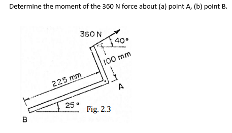 Determine the moment of the 360 N force about (a) point A, (b) point B.
360 N
40°
100 mm
225 mm
A
25 .
Fig. 2.3
