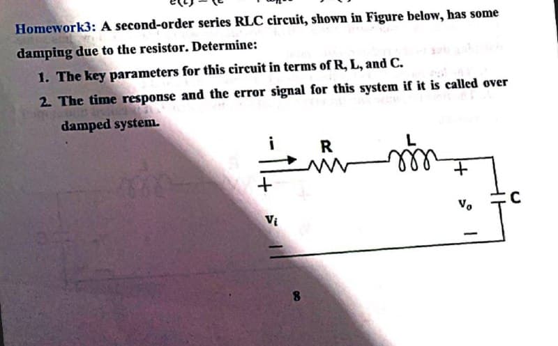 Homework3: A second-order series RLC circuit, shown in Figure below, has some
damping due to the resistor. Determine:
1. The key parameters for this circuit in terms of R, L, and C.
2. The time response and the error signal for this system if it is called over
damped system.
i
R
in
Vo
Vi
8.
