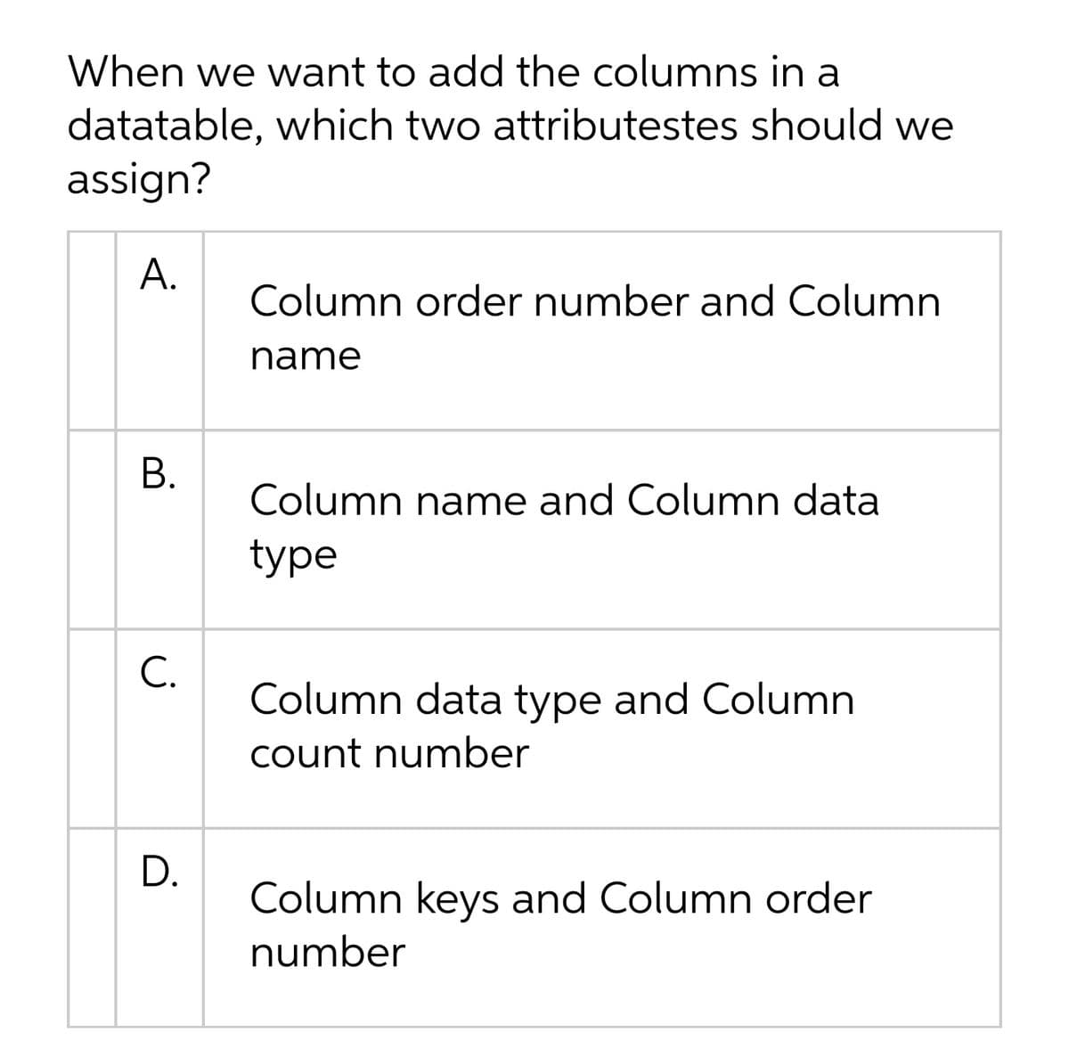 When we want to add the columns in a
datatable, which two attributestes should we
assign?
А.
Column order number and Column
name
В.
Column name and Column data
type
С.
Column data type and Column
count number
D.
Column keys and Column order
number
