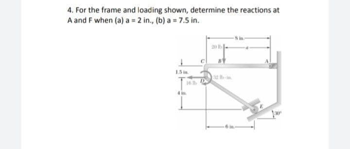 4. For the frame and loading shown, determine the reactions at
A and F when (a) a = 2 in., (b) a = 7.5 in.
15 in.
32 Ib-in
16 D
4 in.
6 in
