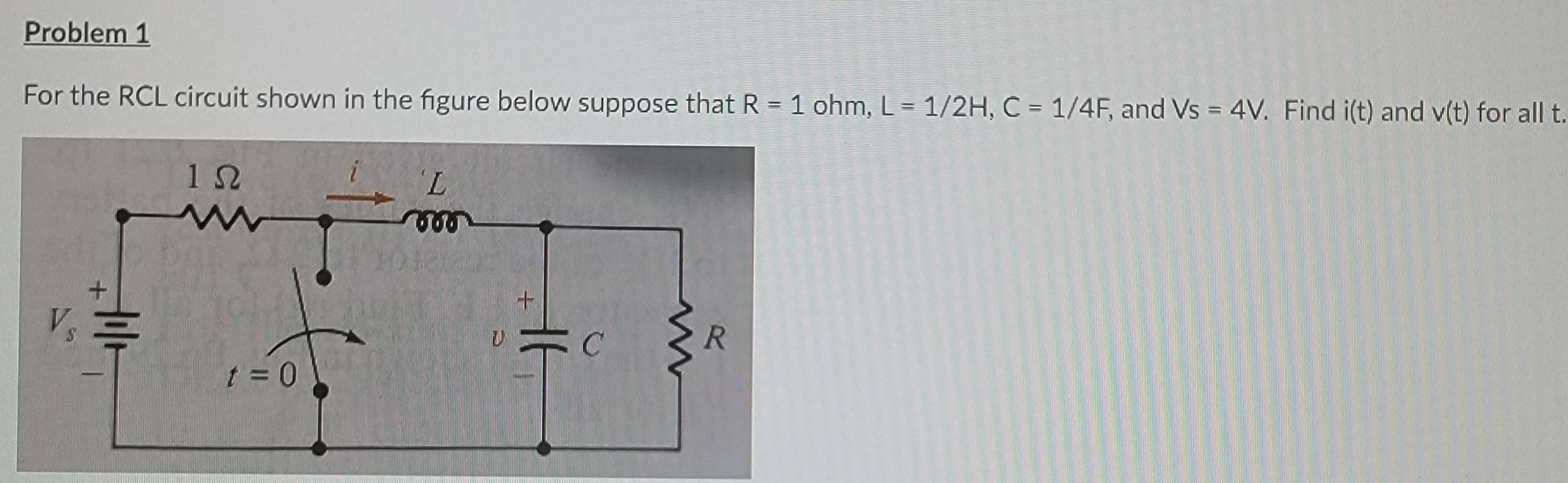 Problem 1
For the RCL circuit shown in the figure below suppose that R = 1 ohm, L = 1/2H, C = 1/4F, and Vs = 4V. Find i(t) and v(t) for all t.
1Ω
www
t=0
'L
665
+
UC
www
R