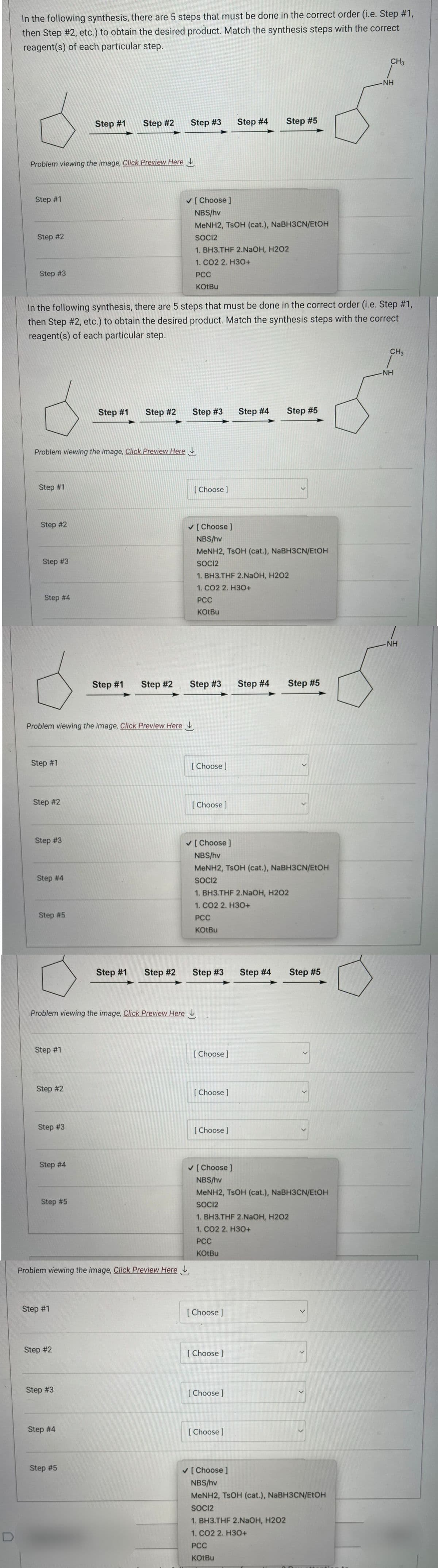 D
In the following synthesis, there are 5 steps that must be done in the correct order (i.e. Step #1,
then Step #2, etc.) to obtain the desired product. Match the synthesis steps with the correct
reagent(s) of each particular step.
Problem viewing the image. Click Preview Here
Step #1
Step #2
Step #3
Step #1
Problem viewing the image. Click Preview Here
Step #2
Step #3
Step #4
Step #1
In the following synthesis, there are 5 steps that must be done in the correct order (i.e. Step #1,
then Step #2, etc.) to obtain the desired product. Match the synthesis steps with the correct
reagent(s) of each particular step.
Step #2
Problem viewing the image, Click Preview Here
Step #3
Step #4
Step #5
Step #1
Step #2
Step #3
Step #4
Problem viewing the image. Click Preview Here
Step #5
Step #1 Step #2
Step #1
Step #2
Step #1 Step #2
Step #3
Step #4
Step #1 Step #2
Problem viewing the image, Click Preview Here
Step #5
Step #1
Step #2
Step #3 Step #4
✓ [Choose ]
NBS/hv
MeNH2, TSOH (cat.), NaBH3CN/EtOH
SOCI2
1. BH3.THF 2.NaOH, H202
1. CO2 2. H3O+
PCC
KOtBu
Step #3
[Choose ]
PCC
KOtBu
Step #3
✓ [Choose ]
NBS/hv
MeNH2, TsOH (cat.), NaBH3CN/EtOH
SOCI2
1. BH3.THF 2.NaOH, H202
1. CO2 2. H3O+
[Choose ]
[Choose ]
PCC
KOtBu
[Choose ]
Step #3 Step #4
[Choose ]
1. BH3.THF 2.NaOH, H202
1. CO2 2. H3O+
[Choose ]
Step #4
✓ [Choose ]
NBS/hv
MeNH2, TSOH (cat.), NaBH3CN/EtOH
SOCI2
Step #5
[Choose ]
Step #4
[Choose]
[Choose ]
Step #5
[Choose ]
1. BH3.THF 2.NaOH, H202
1. CO2 2. H3O+
PCC
KOtBu
PCC
KOtBu
<
Step #5
1. BH3.THF 2.NaOH, H202
1. CO2 2. H3O+
✓ [Choose ]
NBS/hv
MeNH2, TSOH (cat.), NaBH3CN/EtOH
SOCI2
<
Step #5
L
>
<
>
>
✓ [Choose ]
NBS/hv
MeNH2, TSOH (cat.), NaBH3CN/EtOH
SOCI2
>
CH3
NH
CH3
NH
NH