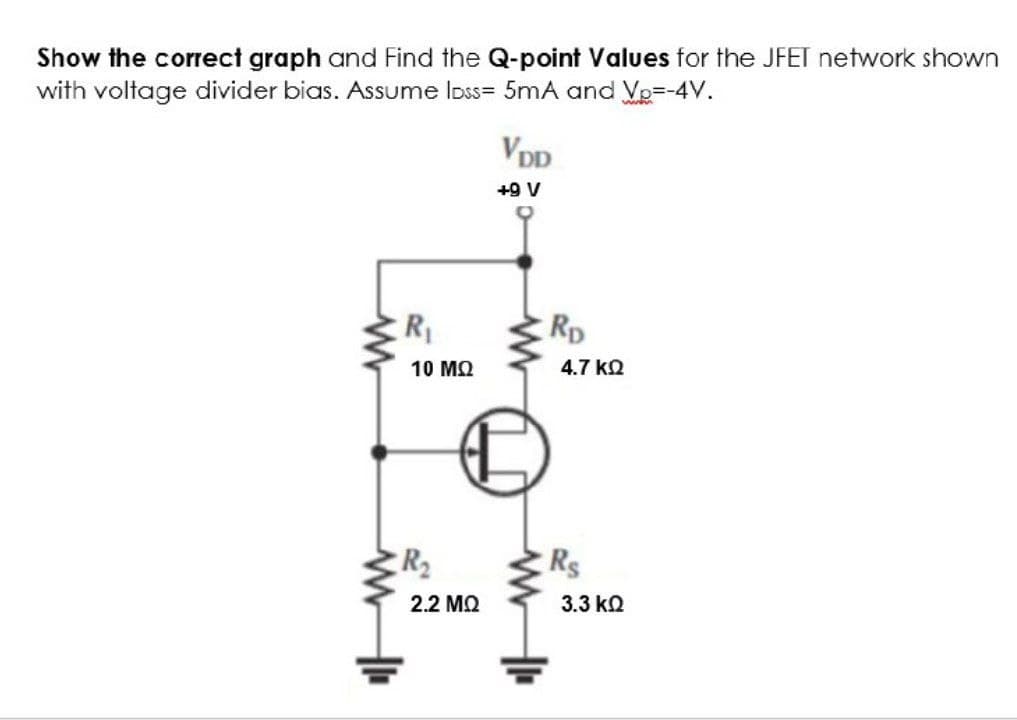 Show the correct graph and Find the Q-point Values for the JFET network shown
with voltage divider bias. Assume loss= 5mA and Vp=-4V.
VDD
+9 V
www
R₁
10 ΜΩ
R₂
2.2 ΜΩ
RD
4.7 ΚΩ
Rs
3.3 ΚΩ