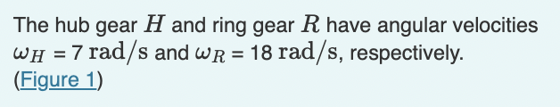 The hub gear H and ring gear R have angular velocities
WH =7 rad/s and wR = 18 rad/s, respectively.
(Figure 1)
%3D
