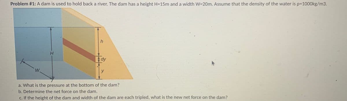 Problem #1: A dam is used to hold back a river. The dam has a height H=15m and a width W=20m. Assume that the density of the water is p=1000kg/m3.
H.
dy
W.
y
a. What is the pressure at the bottom of the dam?
b. Determine the net force on the dam.
c. If the height of the dam and width of the dam are each tripled, what is the new net force on the dam?
