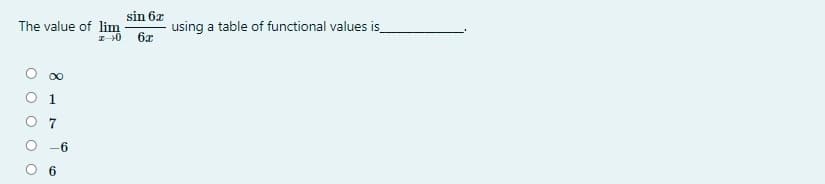 sin 6x
The value of lim
using a table of functional values is
6
6.
