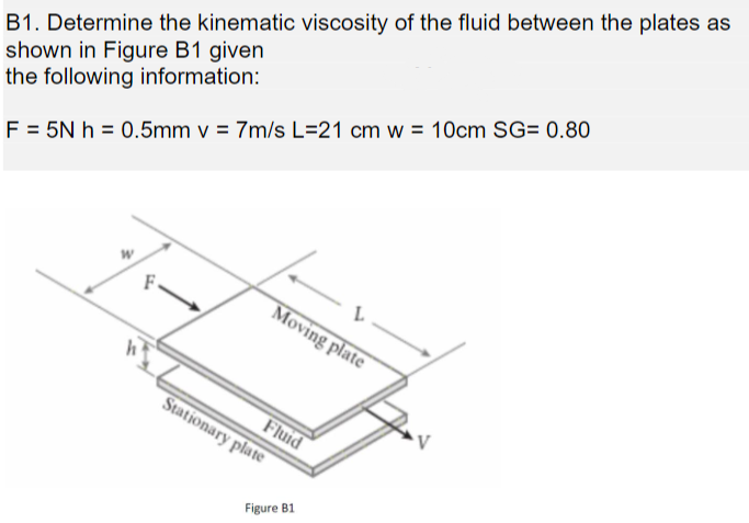 B1. Determine the kinematic viscosity of the fluid between the plates as
shown in Figure B1 given
the following information:
F = 5N h = 0.5mm v = 7m/s L=21 cm w = 10cm SG= 0.80
Moving plate
Stationary plate
Fluid
Figure B1
V