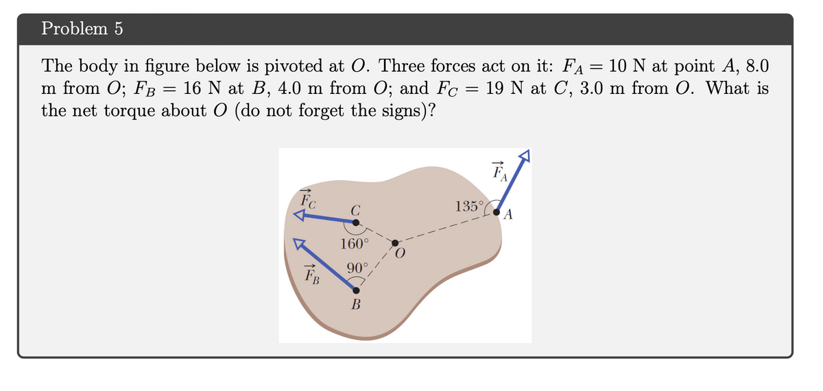 The body in figure below is pivoted at O. Three forces act on it: FA = 10 N at point A, 8.0
m from O; FB = 16 N at B, 4.0 m from O; and Fc = 19 N at C, 3.0 m from O. What is
the net torque about O (do not forget the signs)?
Problem 5
Fc
135°
C
160°
FB
90°
В
