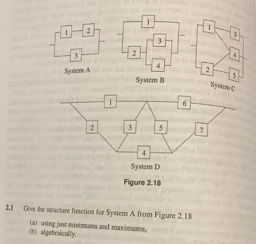 3
2
3
2
System A
System B
System C
6.
2
3
7
4
System D
Figure 2.18
2.1 Give the structure function for System A from Figure 2.18
(a) using just minimums and maximums,
(b) algebraically.
