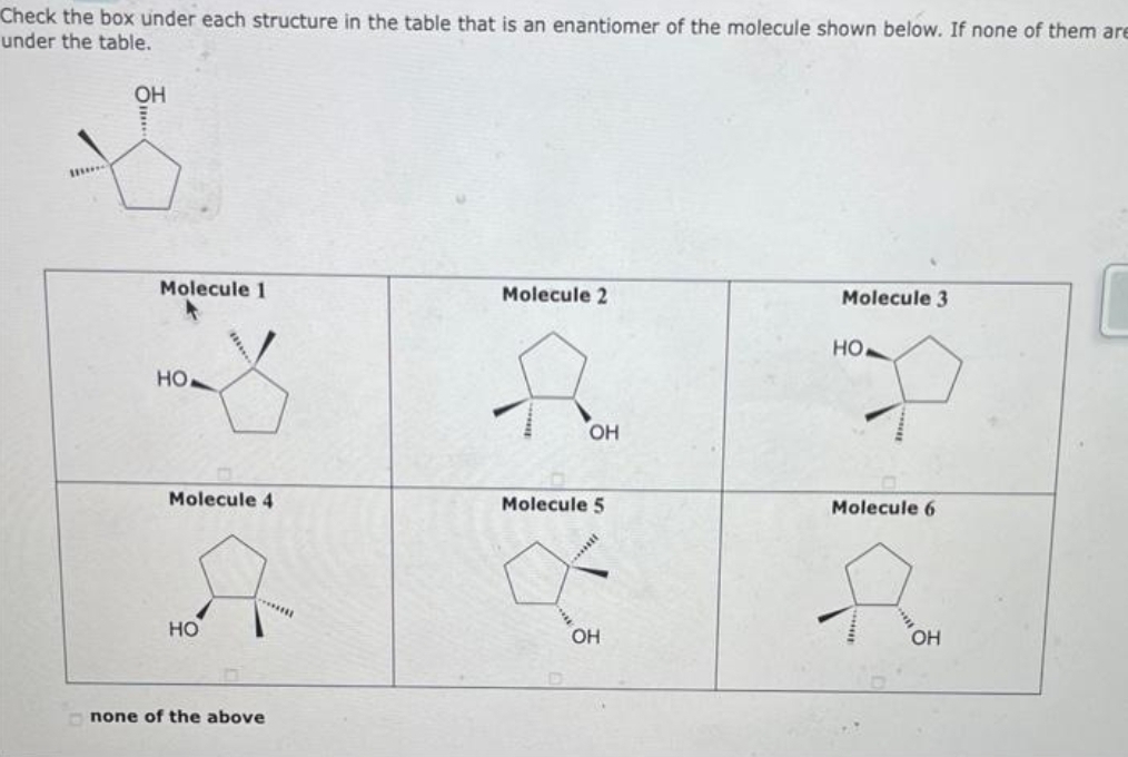 Check the box under each structure in the table that is an enantiomer of the molecule shown below. If none of them are
under the table.
*****
OH
P
Molecule 1
HO
Molecule 4
HO
********
none of the above
Molecule 2
OH
Molecule 5
OH
81
Molecule 3
HO
Molecule 6
OH
