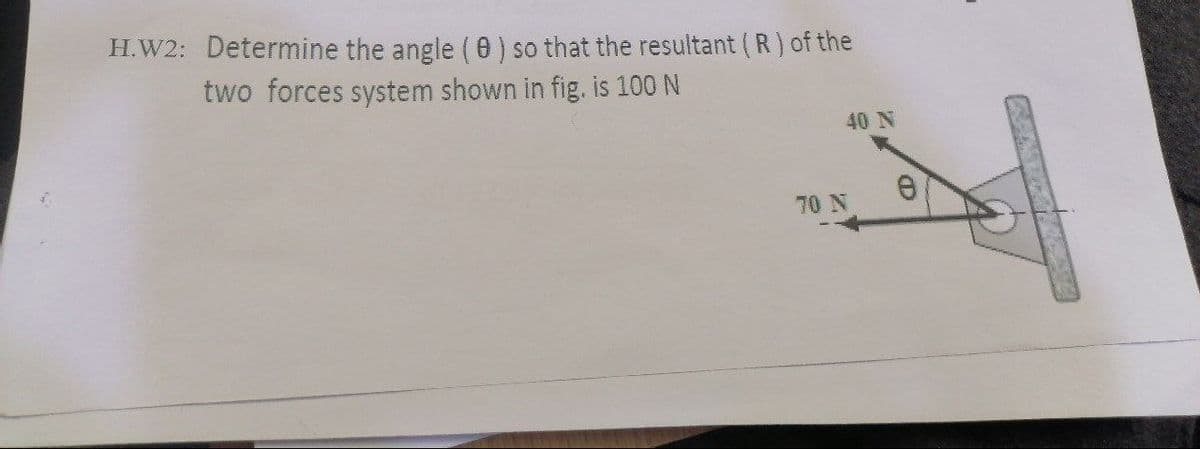 H.W2: Determine the angle (0) so that the resultant ( R) of the
two forces system shown in fig. is 100 N
40 N
70 N
