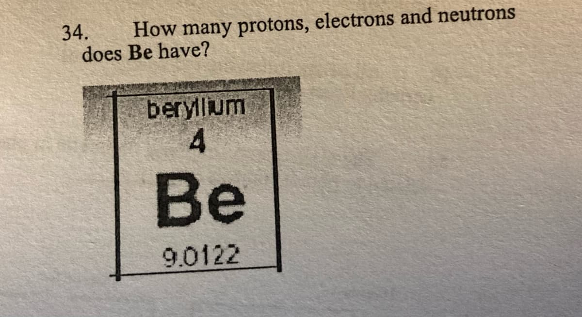 34.
How many protons, electrons and neutrons
does Be have?
beryllum
4
Be
9.0122
