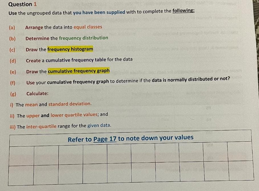 Question 1
Use the ungrouped data that you have been supplied with to complete the following:
(a)
Arrange the data into equal classes
(b)
Determine the frequency distribution
(c)
Draw the frequency histogram
(d)
Create a cumulative frequency table for the data
(e)
Draw the cumulative frequency graph
(f)
Use your cumulative frequency graph to determine if the data is normally distributed or not?
(g)
Calculate:
i) The mean and standard deviation.
ii) The upper and lower quartile values; and
iii) The inter-quartile range for the given data.
Refer to Page 17 to note down your values