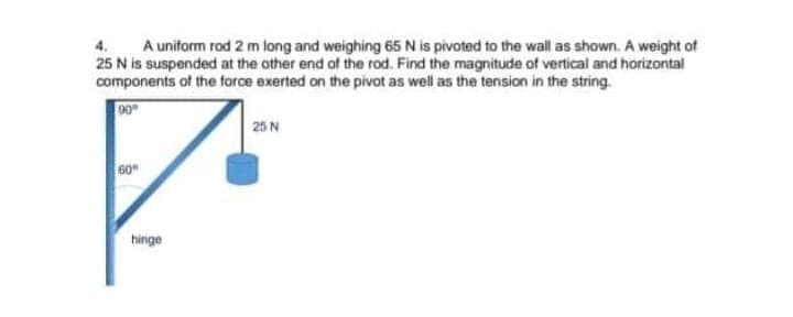 A uniform rod 2 m long and weighing 65 N is pivoted to the wall as shown. A weight of
25 N is suspended at the other end of the rod. Find the magnitude of vertical and horizontal
components of the force exerted on the pivot as well as the tension in the string.
25 N
60
hinge
