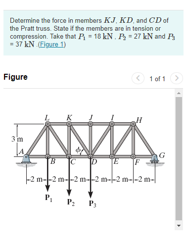 Determine the force in members KJ, KD, and CD of
the Pratt truss. State if the members are in tension or
compression. Take that P = 18 kN , P = 27 kN and P3
= 37 kN .(Figure 1)
Figure
< 1 of 1
K
3 m
G
E
F
-2 m-나-2 m-}-2 m--2 m-}-2 m-l-2 m-l|
P1
P2
P3
