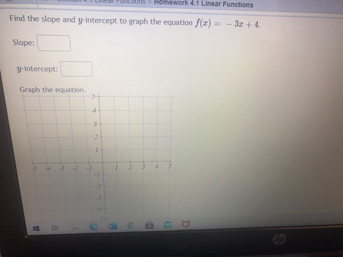 Homework 4.1 Linear Functions
suon:
Find the slope and y-intercept to graph the equation f(r) = - 3x + 4.
Slope:
y-intercept:
Graph the equation.
4.
2.
-4 -3-2 -1
-1
45
-4
Cop
3.
3.
