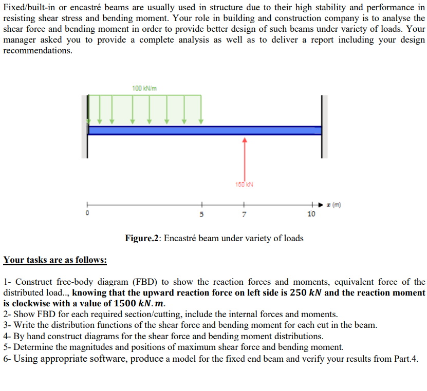 Fixed/built-in or encastré beams are usually used in structure due to their high stability and performance in
resisting shear stress and bending moment. Your role in building and construction company is to analyse the
shear force and bending moment in order to provide better design of such beams under variety of loads. Your
manager asked you to provide a complete analysis as well as to deliver a report including your design
recommendations.
100 KN/m
150 kN
z (m)
5
7
10
Figure.2: Encastré beam under variety of loads
Your tasks are as follows:
1- Construct free-body diagram (FBD) to show the reaction forces and moments, equivalent force of the
distributed load., knowing that the upward reaction force on left side is 250 kN and the reaction moment
is clockwise with a value of 1500 kN.m.
2- Show FBD for each required section/cutting, include the internal forces and moments.
3- Write the distribution functions of the shear force and bending moment for each cut in the beam.
4- By hand construct diagrams for the shear force and bending moment distributions.
5- Determine the magnitudes and positions of maximum shear force and bending moment.
6- Using appropriate software, produce a model for the fixed end beam and verify your results from Part.4.
