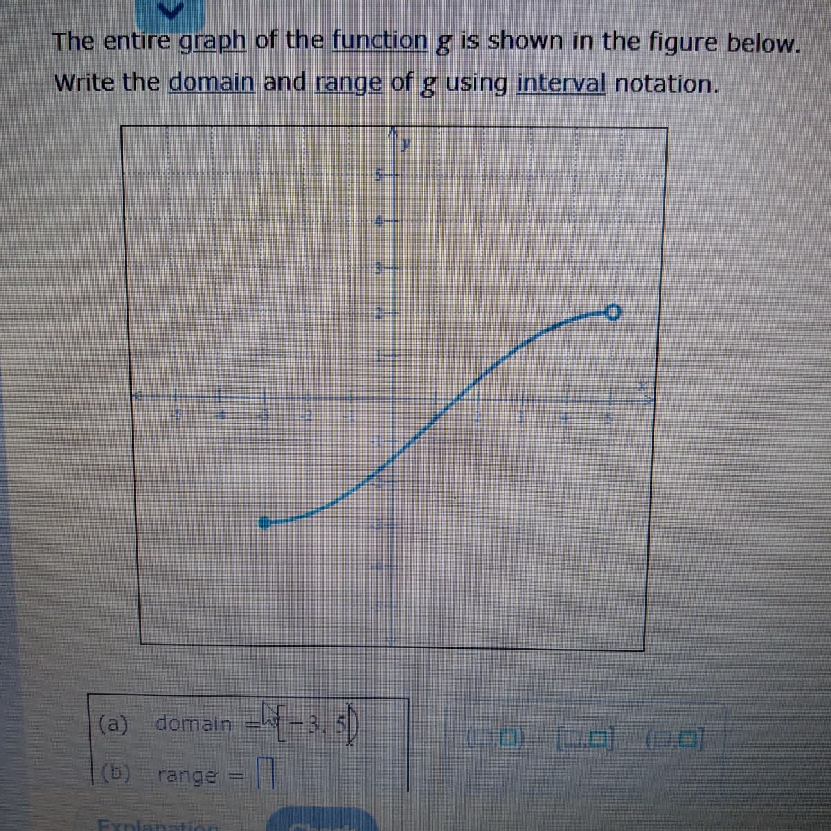 The entire graph of the function g is shown in the figure below.
Write the domain and range of g using interval notation.
(a)
domain
(0,0) 00) (0.0)
(b) range =||
%3D
Fynlanation
