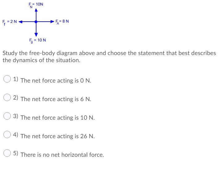 E = 10N
N.
F = 2N
F = 8 N
5 = 10 N
Study the free-body diagram above and choose the statement that best describes
the dynamics of the situation.
1) The net force acting is 0 N.
2) The net force acting is 6 N.
3) The net force acting is 10 N.
4) The net force acting is 26 N.
5) There is no net horizontal force.
