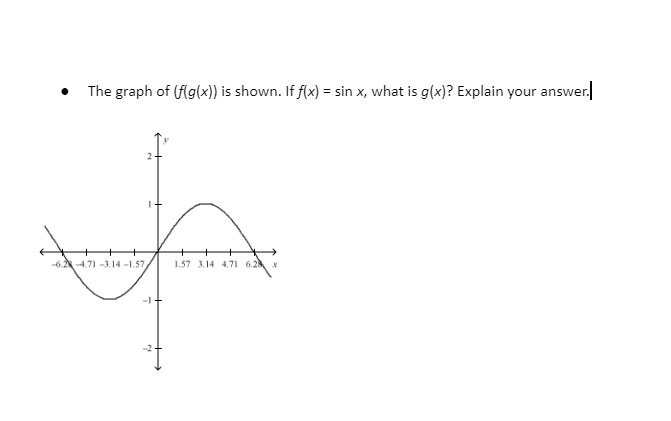 • The graph of (flg(x)) is shown. If f(x) = sin x, what is g(x)? Explain your answer.
-6.24.71 -3.14 -1.57
1.57 3.14 4.71 6.2
