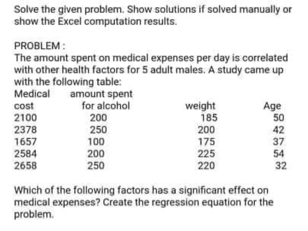Solve the given problem. Show solutions if solved manually or
show the Excel computation results.
PROBLEM :
The amount spent on medical expenses per day is correlated
with other health factors for 5 adult males. A study came up
with the following table:
Medical
amount spent
for alcohol
cost
2100
weight
185
Age
50
200
2378
250
200
42
1657
2584
175
225
100
37
200
54
32
2658
250
220
Which of the following factors has a significant effect on
medical expenses? Create the regression equation for the
problem.
