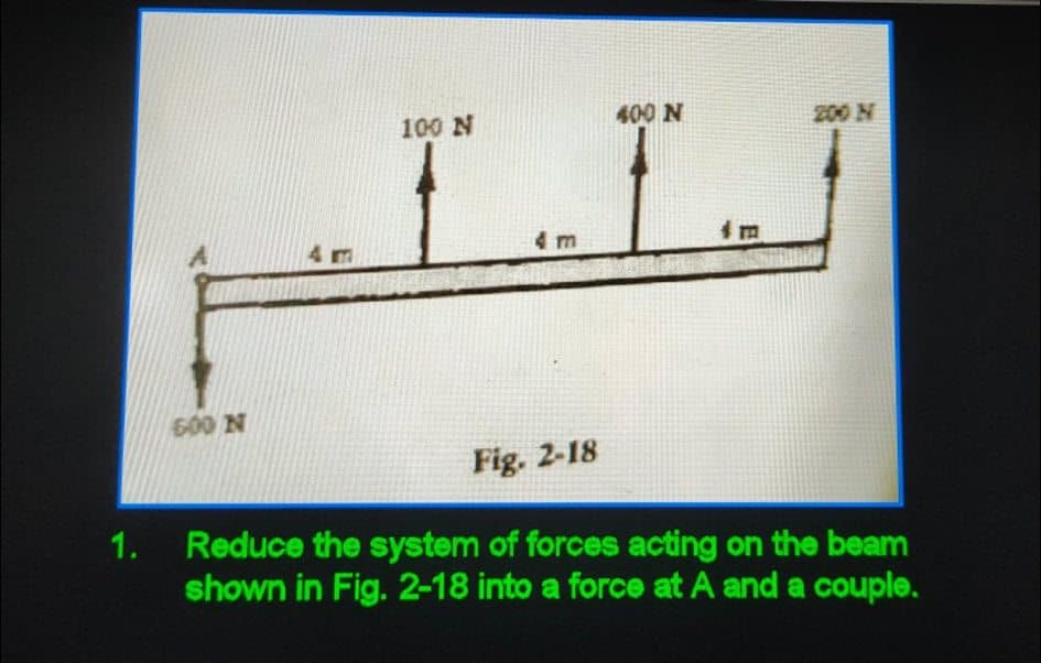 LIJ
100 N
400 N
200 N
4 m
4 m
600 N
Fig. 2-18
1.
Reduce the system of forces acting on the beam
shown in Fig. 2-18 into a force at A and a couple.
