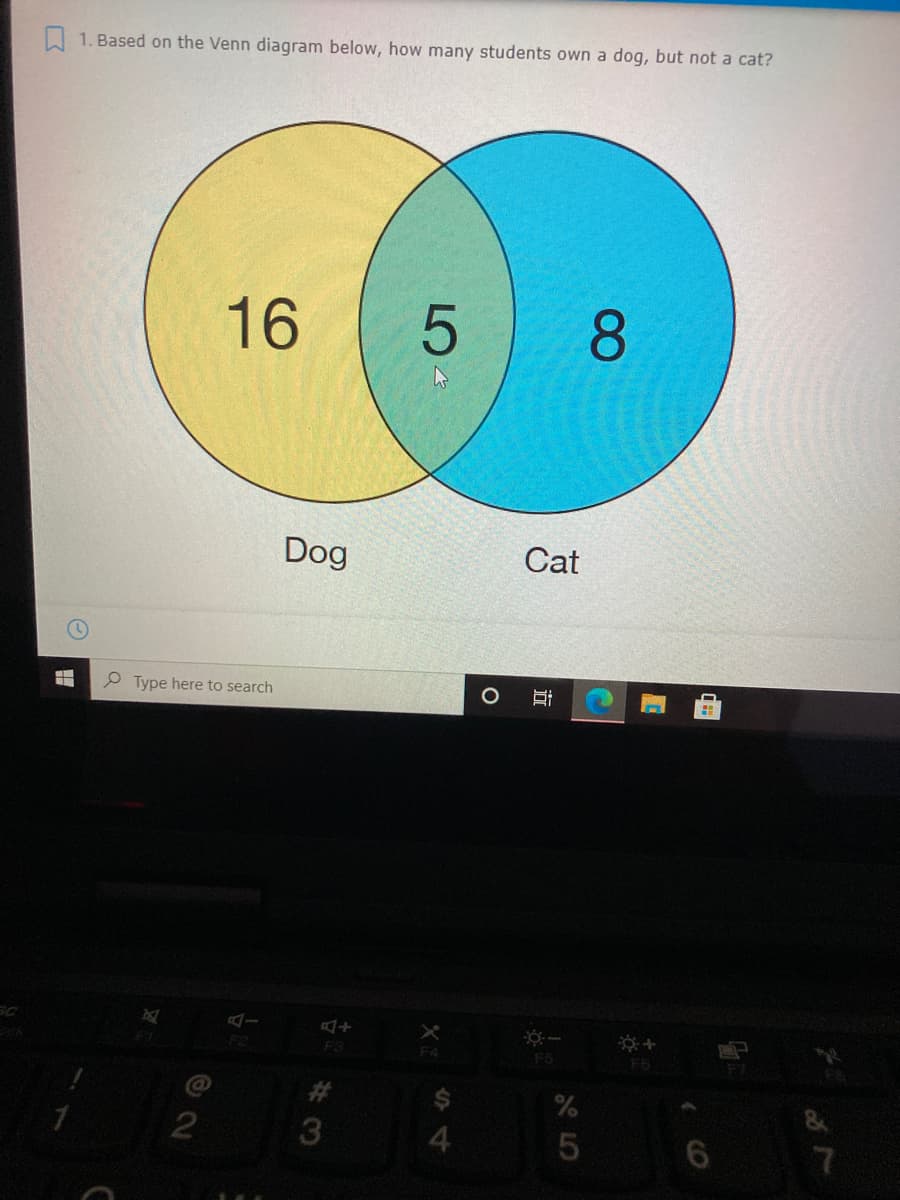 1. Based on the Venn diagram below, how many students own a dog, but not a cat?
16
5 8
Dog
Cat
e Type here to search
F3
F4
FS
F6
&
3
4
5
近
