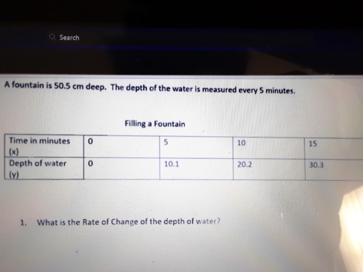 Q Search
A fountain is 50.5 cm deep. The depth of the water is measured every 5 minutes.
Filling a Fountain
Time in minutes
10
15
(x)
Depth of water
(y)
10.1
20.2
30.3
1.
What is the Rate of Change of the depth of water?
