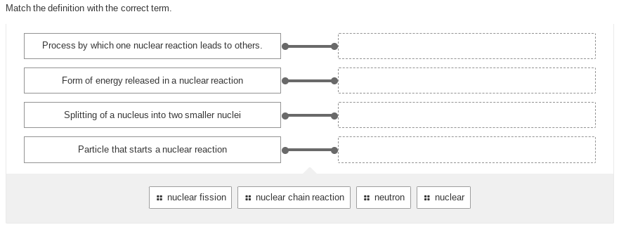 Match the definition with the correct term.
Process by which one nuclear reaction leads to others.
Form of energy released in a nuclear reaction
Splitting of a nucleus into two smaller nuclei
Particle that starts a nuclear reaction
:: nuclear fission.
nuclear chain reaction :: neutron
:: nuclear