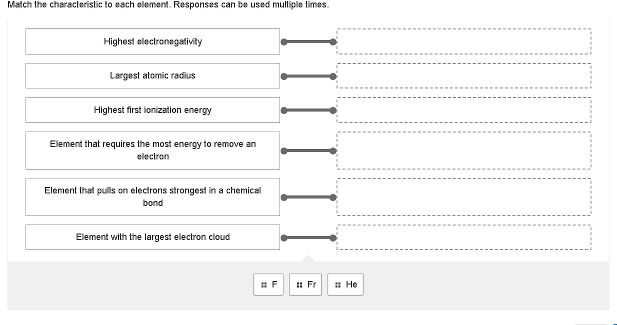 Match the characteristic to each element. Responses can be used multiple times.
Highest electronegativity
Largest atomic radius
Highest first ionization energy
Element that requires the most energy to remove an
electron
Element that pulls on electrons strongest in a chemical
bond
Element with the largest electron cloud
# F
Fr
:: He