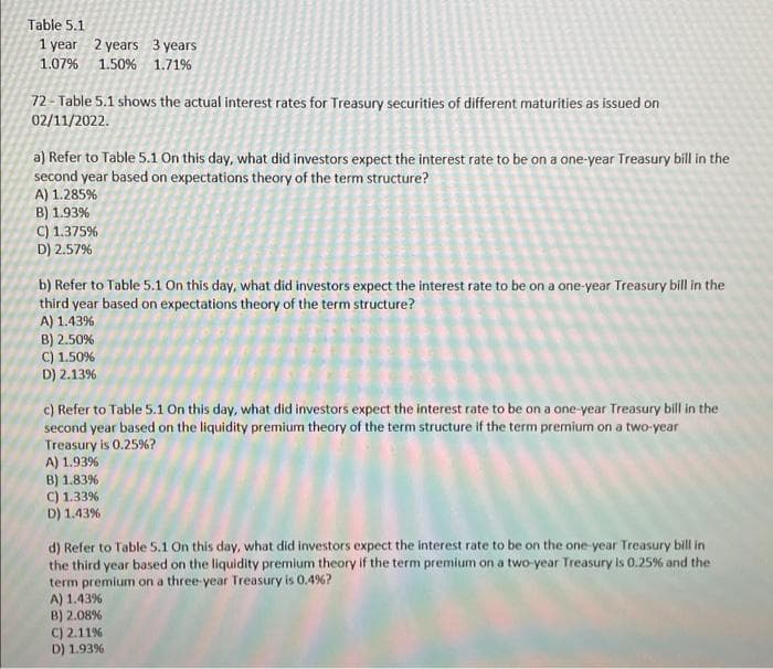 Table 5.1
1 year 2 years 3 years
1.07% 1.50% 1.71%
72- Table 5.1 shows the actual interest rates for Treasury securities of different maturities as issued on
02/11/2022.
a) Refer to Table 5.1 On this day, what did investors expect the interest rate to be on a one-year Treasury bill in the
second year based on expectations theory of the term structure?
A) 1.285%
B) 1.93%
C) 1.375%
D) 2.57%
b) Refer to Table 5.1 On this day, what did investors expect the interest rate to be on a one-year Treasury bill in the
third year based on expectations theory of the term structure?
A) 1.43%
B) 2.50%
C) 1.50%
D) 2.13%
c) Refer to Table 5.1 On this day, what did investors expect the interest rate to be on a one-year Treasury bill in the
second year based on the liquidity premium theory of the term structure if the term premium on a two-year
Treasury is 0.25%?
A) 1.93%
B) 1.83%
C) 1.33%
D) 1.43%
d) Refer to Table 5.1 On this day, what did investors expect the interest rate to be on the one-year Treasury bill in
the third year based on the liquidity premium theory if the term premium on a two-year Treasury is 0.25% and the
term premium on a three-year Treasury is 0.4%?
A) 1.43%
B) 2.08%
C) 2.11%
D) 1.93%
