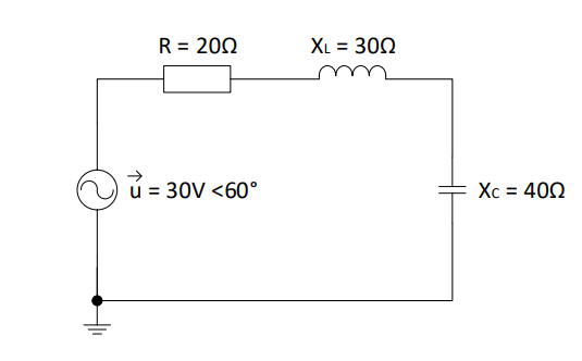 R= 20Ω
XL %=D 30Ω
1 = 30V <60°
Xc %= 40Ω
