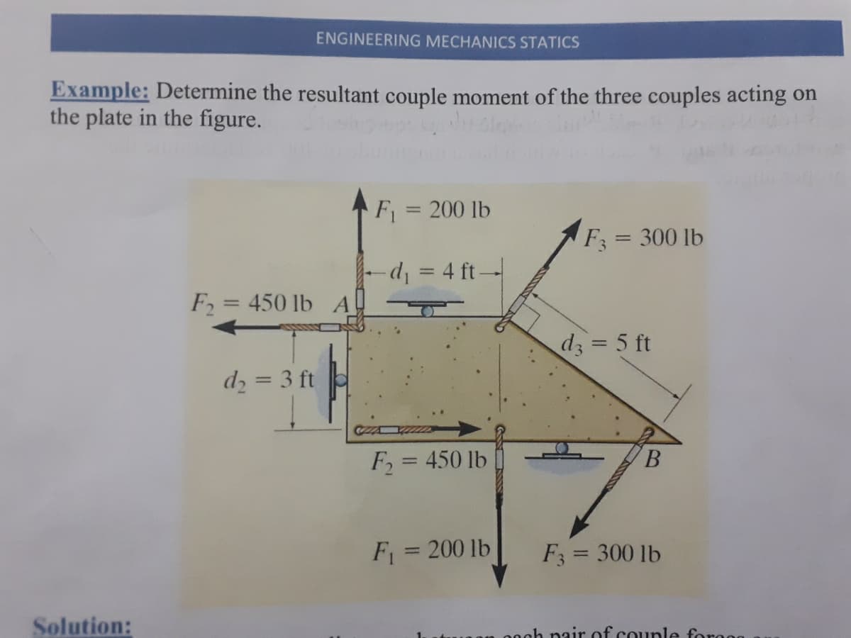 ENGINEERING MECHANICS STATICS
Example: Determine the resultant couple moment of the three couples acting on
the plate in the figure.
F = 200 lb
%3D
F3 = 300 lb
-d = 4 ft-
F2 = 450 lb A
%3D
d3 = 5 ft
d2 = 3 ft
%3D
F = 450 lb
B.
%3D
F = 200 lb
F3 = 300 lb
Solution:
2och nair of counle foro
