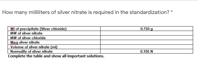 How many milliliters of silver nitrate is required in the standardization? *
Wt of precipitate (Silver chloride)
MW of silver nitrate
MW of silver chloride
Meg silver nitrate
0.750 g
Volume of silver nitrate (ml)
Normality of silver nitrate
Complete the table and show all important solutions.
0.105 N
