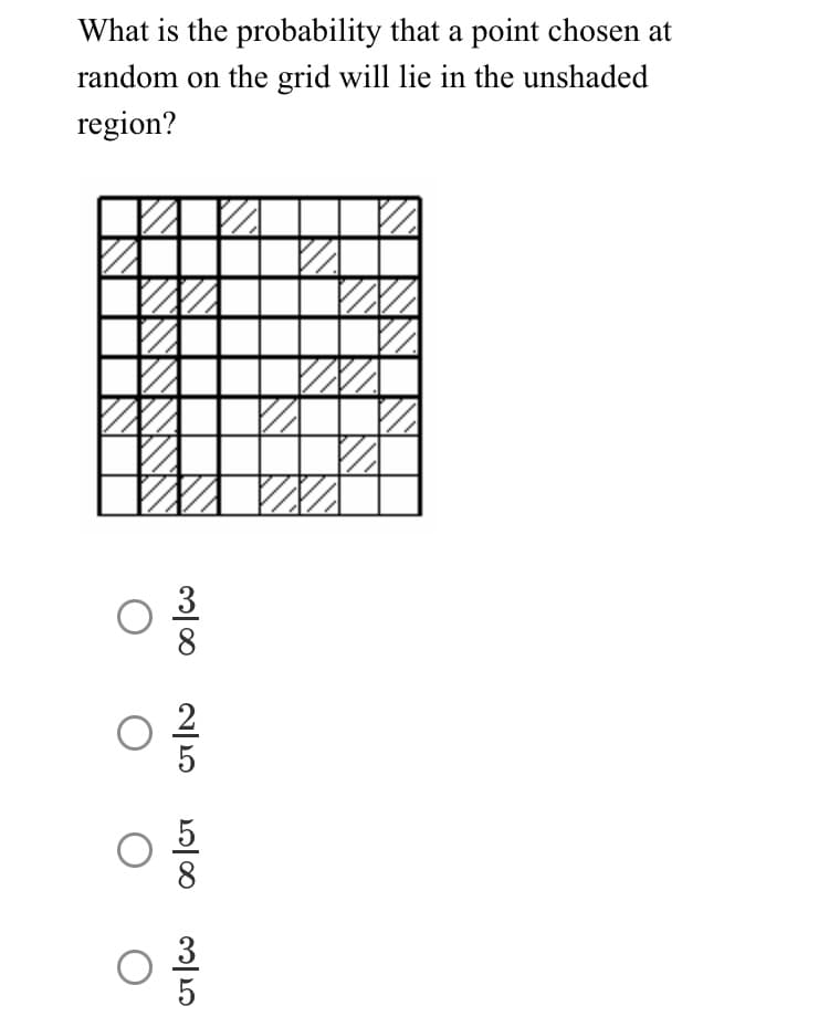 What is the probability that a point chosen at
random on the grid will lie in the unshaded
region?
3/8
