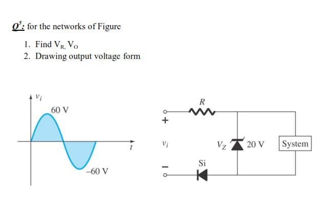 O': for the networks of Figure
1. Find VR. Vo
2. Drawing output voltage form
A Vi
R
60 V
Vi
Vz
20 V
System
Si
-60 V
